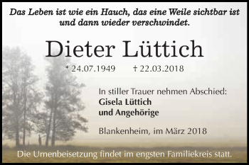 Traueranzeige von Dieter Lüttich von Super Sonntag SGH Mansf. Land