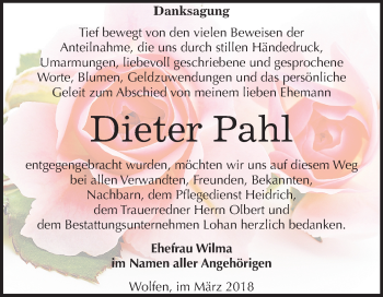 Traueranzeige von Dieter Pahl von Mitteldeutsche Zeitung Bitterfeld