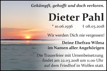 Traueranzeige von Dieter Pahl von Mitteldeutsche Zeitung Bitterfeld