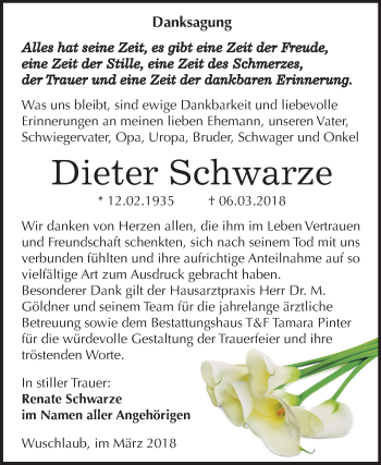 Traueranzeige von Dieter Schwarze von Mitteldeutsche Zeitung Weißenfels