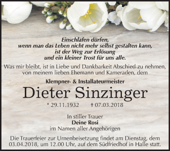 Traueranzeige von Dieter Sinzinger von Mitteldeutsche Zeitung Halle/Saalkreis