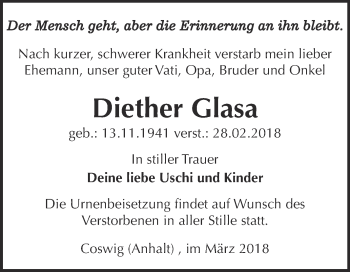 Traueranzeige von Diether Glasa von Super Sonntag Wittenberg