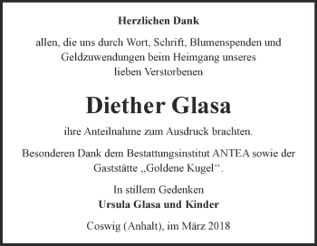 Traueranzeige von Diether Glasa von Super Sonntag Wittenberg