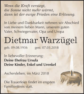 Traueranzeige von Dietmar Warzügel von Super Sonntag Aschersleben
