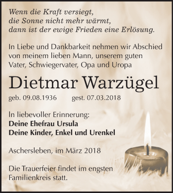 Traueranzeige von Dietmar Warzügel von Mitteldeutsche Zeitung Aschersleben