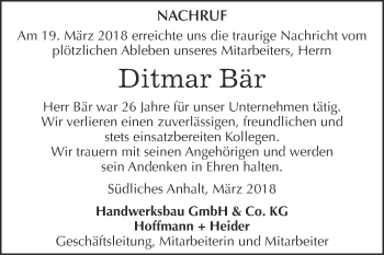 Traueranzeige von Ditmar Bär von WVG - Wochenspiegel Dessau / Köthen