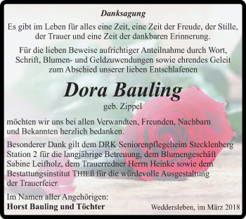 Traueranzeige von Dora Bauling von Mitteldeutsche Zeitung Quedlinburg