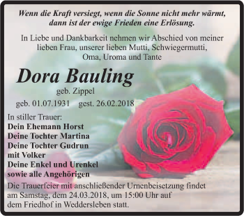 Traueranzeige von Dora Bauling von Super Sonntag Quedlinburg
