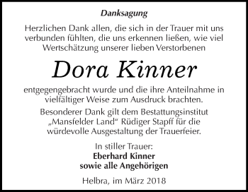 Traueranzeige von Dora Kinner von Super Sonntag SGH Mansf. Land
