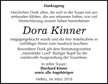 Traueranzeige von Dora Kinner von Mitteldeutsche Zeitung