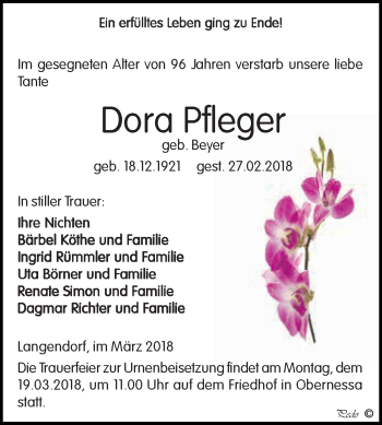 Traueranzeige von Dora Pfleger von WVG - Wochenspiegel NMB / WSF / ZTZ