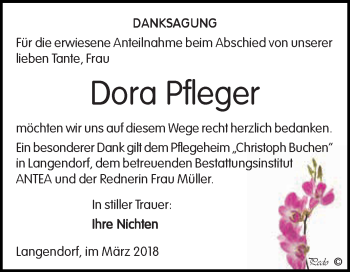 Traueranzeige von Dora Pfleger von WVG - Wochenspiegel NMB / WSF / ZTZ