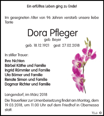 Traueranzeige von Dora Pfleger von Mitteldeutsche Zeitung Weißenfels