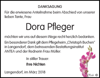 Traueranzeige von Dora Pfleger von Mitteldeutsche Zeitung Weißenfels