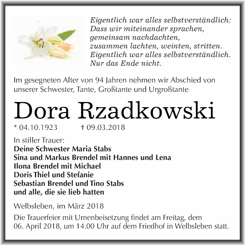  Traueranzeige für Dora Rzadkowski vom 21.03.2018 aus Wochenspiegel Mansfelder Land