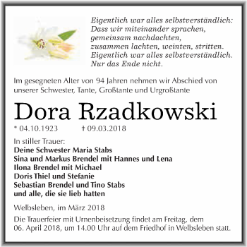 Traueranzeige von Dora Rzadkowski von Super Sonntag Aschersleben