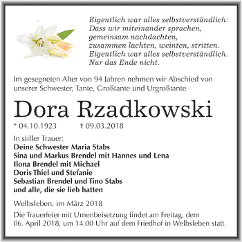 Traueranzeige von Dora Rzadkowski von Mitteldeutsche Zeitung