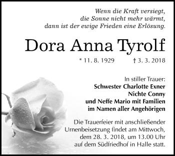 Traueranzeige von Dora Anna Tyrolf von Mitteldeutsche Zeitung Halle/Saalkreis