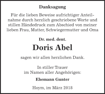 Traueranzeige von Doris Abel von Super Sonntag Aschersleben