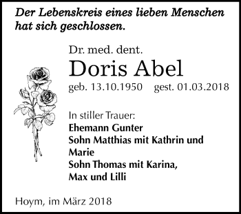 Traueranzeige von Doris Abel von Mitteldeutsche Zeitung Aschersleben