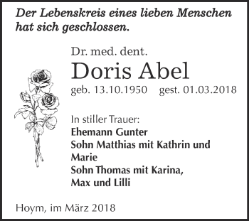 Traueranzeige von Doris Abel von Super Sonntag Aschersleben