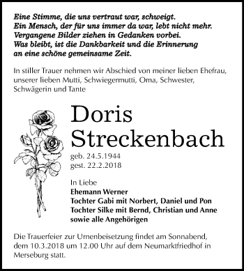 Traueranzeige von Doris Streckenbach von WVG - Wochenspiegel Merseburg