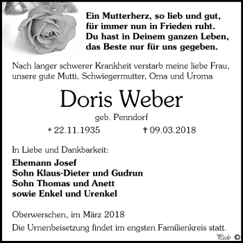 Traueranzeige von Doris Weber von Mitteldeutsche Zeitung Weißenfels