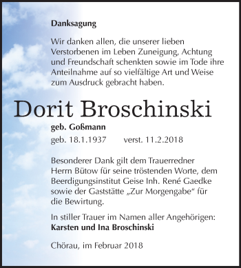 Traueranzeige von Dorit Broschinski von Mitteldeutsche Zeitung Köthen