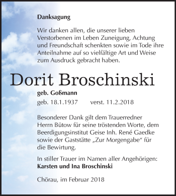 Traueranzeige von Dorit Broschinski von Mitteldeutsche Zeitung Dessau-Roßlau