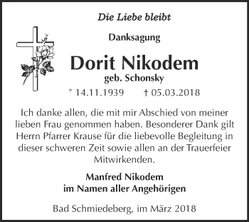 Traueranzeige von Dorit Nikodem von WVG - Wochenspiegel Wittenberg