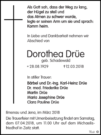 Traueranzeige von Dorothea Drüe von Super Sonntag Zeitz