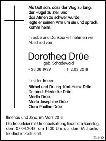 Traueranzeige von Dorothea Drüe von Mitteldeutsche Zeitung Zeitz