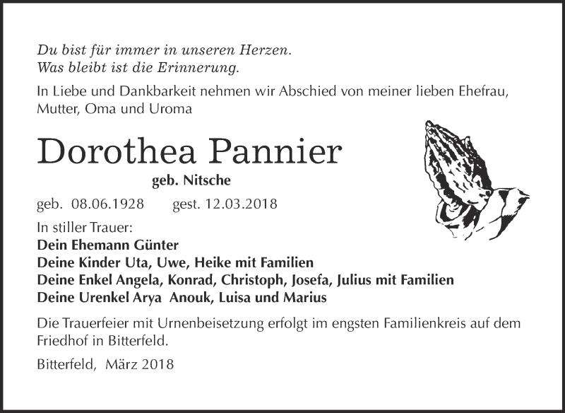  Traueranzeige für Dorothea Pannier vom 21.03.2018 aus WVG - Wochenspiegel Bitterfeld