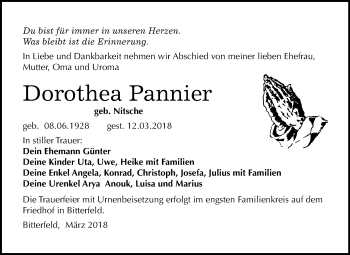 Traueranzeige von Dorothea Pannier von Mitteldeutsche Zeitung Bitterfeld