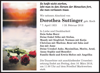 Traueranzeige von Dorothea Suttinger von Mitteldeutsche Zeitung Weißenfels