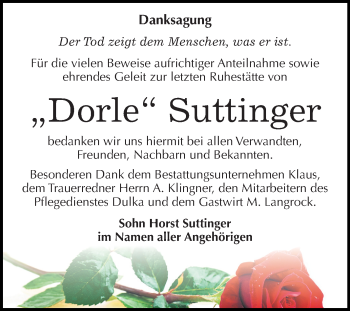 Traueranzeige von Dorothea Suttinger von Mitteldeutsche Zeitung Weißenfels