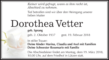 Traueranzeige von Dorothea Vetter von Mitteldeutsche Zeitung Weißenfels