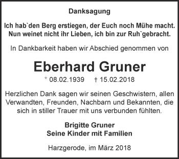 Traueranzeige von Eberhard Gruner von Super Sonntag Quedlinburg