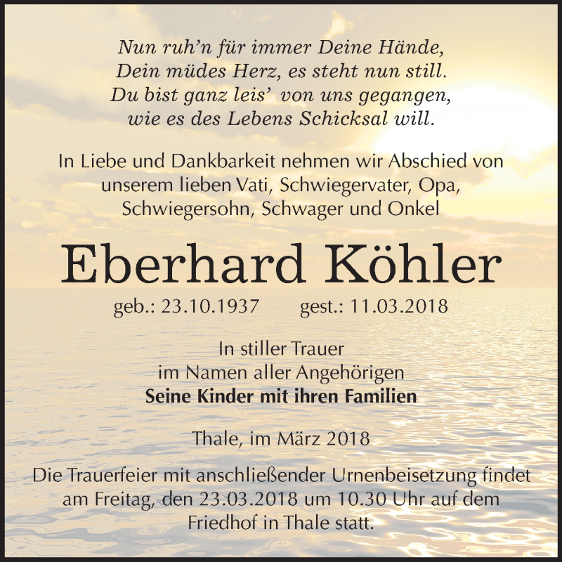  Traueranzeige für Eberhard Köhler vom 17.03.2018 aus Mitteldeutsche Zeitung