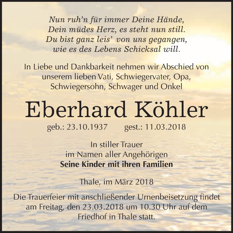  Traueranzeige für Eberhard Köhler vom 17.03.2018 aus WVG - Wochenspiegel Quedlinburg