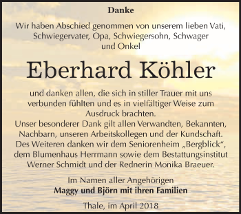 Traueranzeige von Eberhard Köhler von WVG - Wochenspiegel Quedlinburg