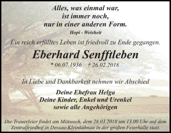 Traueranzeige von Eberhard Senfftleben von Mitteldeutsche Zeitung Dessau-Roßlau