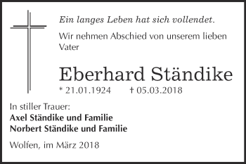 Traueranzeige von Eberhard Ständike von WVG - Wochenspiegel Bitterfeld