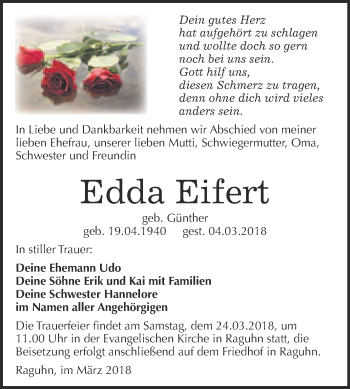 Traueranzeige von Edda Eifert von WVG - Wochenspiegel Bitterfeld