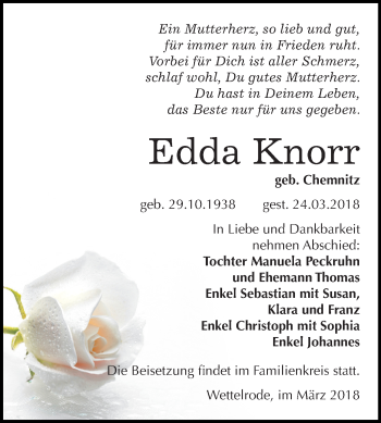 Traueranzeige von Edda Knorr von Mitteldeutsche Zeitung Sangerhausen