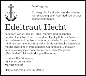 Traueranzeige von Edeltraut Hecht von Super Sonntag SGH Mansf. Land