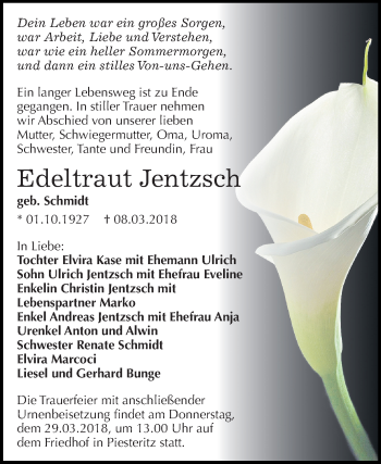 Traueranzeige von Edeltraut Jentzsch von Mitteldeutsche Zeitung