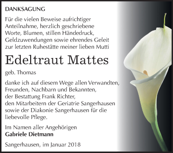 Traueranzeige von Edeltraut Mattes von Mitteldeutsche Zeitung Sangerhausen