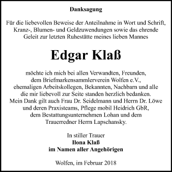 Traueranzeige von Edgar Klaß von WVG - Wochenspiegel Bitterfeld