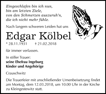 Traueranzeige von Edgar Kölbel von Mitteldeutsche Zeitung